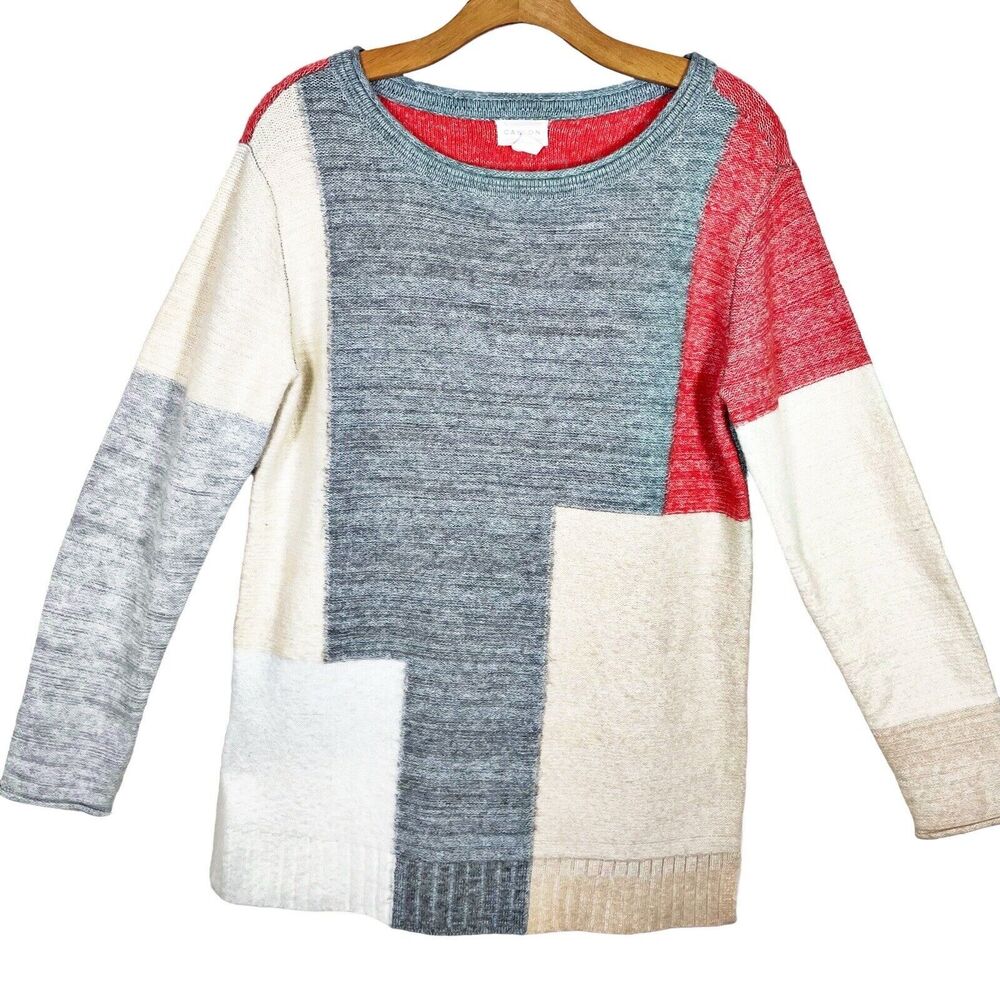Caslon Colorblock Tunic Sweater XS 41" B Colorblock Gray Pink Cream Side Slits